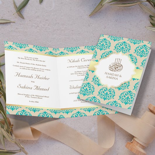 Faux Gold Foil Blauwgroen Blue Damask Muslim Weduw
