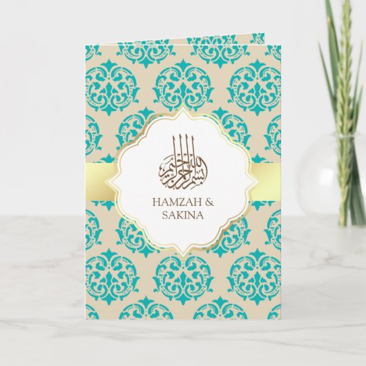Faux Gold Foil Blauwgroen Blue Damask Muslim Weduw (Voorkant)