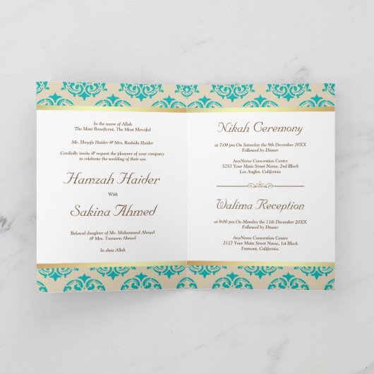 Faux Gold Foil Blauwgroen Blue Damask Muslim Weduw (Binnen)