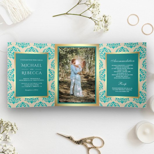 Faux Gold Foil Blauwgroen Damask Trouwfoto Drieluik Uitnodiging