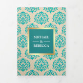Faux Gold Foil Blauwgroen Damask Trouwfoto Drieluik Uitnodiging (Cover)