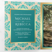 Faux Gold Foil Blauwgroen Damask Trouwfoto Drieluik Uitnodiging (Binnenzijde eerst)