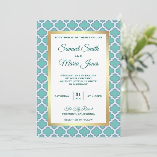 Faux Gold Foil Blauwgroen Marokkaanse bruiloft uit Kaart (Staand voorkant)
