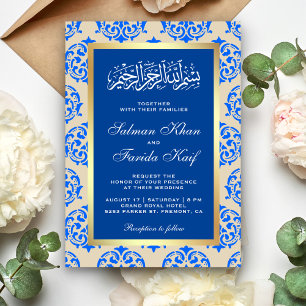 Faux Gold Foil Blue Damask Islamic Muslim Weduwen Kaart