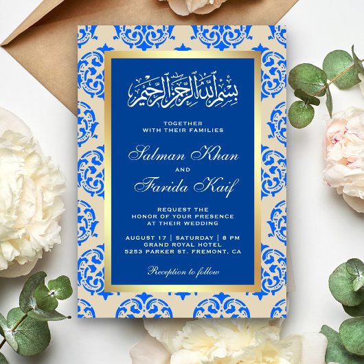 Faux Gold Foil Blue Damask Islamic Muslim Weduwen Kaart