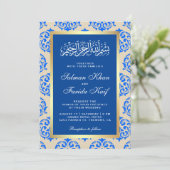 Faux Gold Foil Blue Damask Islamic Muslim Weduwen Kaart (Staand voorkant)