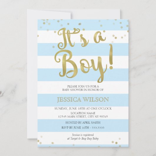 Faux Gold Foil, Blue Stripes Baby shower a Boy Kaart (Voorkant)