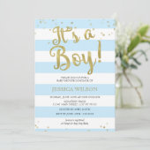 Faux Gold Foil, Blue Stripes Baby shower a Boy Kaart (Staand voorkant)