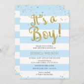 Faux Gold Foil, Blue Stripes Baby shower a Boy Kaart (Voorkant / Achterkant)
