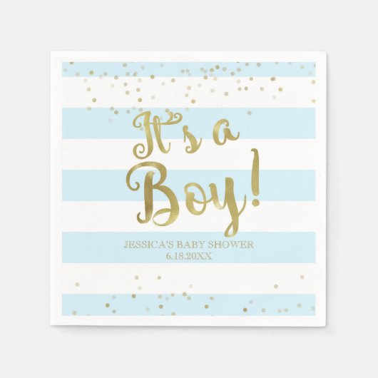 Faux Gold Foil, Blue Stripes Baby shower a Boy Servet (Voorkant)