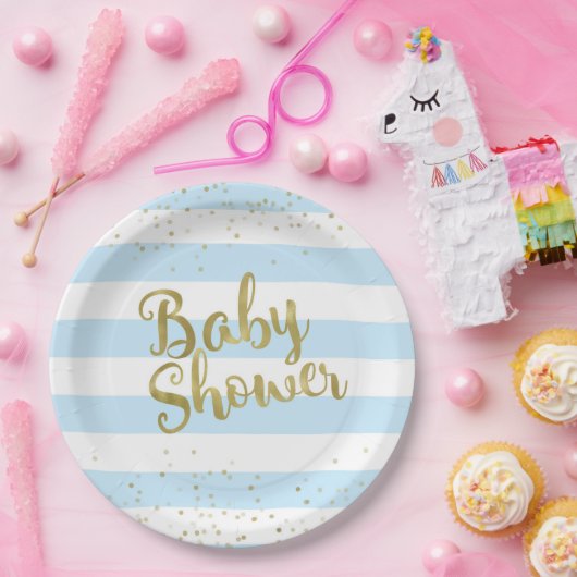 Faux Gold Foil, Blue Stripes Baby shower Boy Bord (Feest)