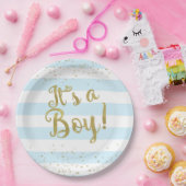 Faux Gold Foil Blue Stripes Baby shower Is een jon Papieren Bordje (Feest)