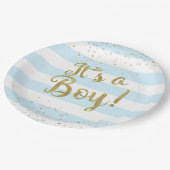 Faux Gold Foil Blue Stripes Baby shower Is een jon Papieren Bordje (Gekanteld)