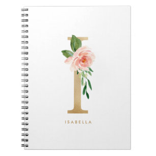 Faux Gold Foil Blush Pink Floral Letter I Monogram Notitieboek