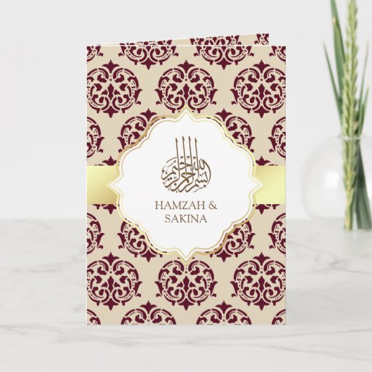 Faux Gold Foil Burgundy Red Damask Muslim Weduwsch (Voorkant)