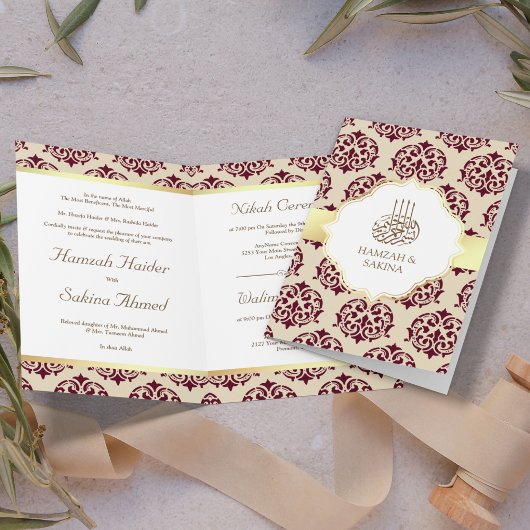 Faux Gold Foil Burgundy Red Damask Muslim Weduwsch