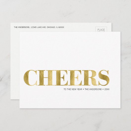 Faux Gold Foil Cheers Briefkaart nieuwjaarsfeestda (Voorkant / Achterkant)