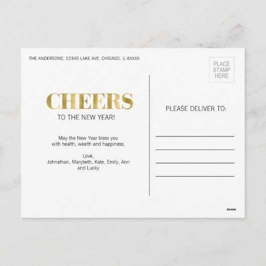 Faux Gold Foil Cheers Briefkaart nieuwjaarsfeestda (Achterkant)