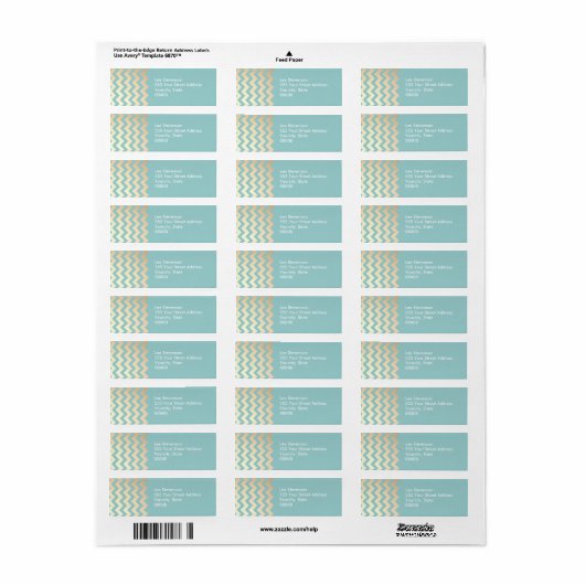 FAUX Gold Foil Chevron Pattern en Turquoise Blue Etiket (Full Sheet)