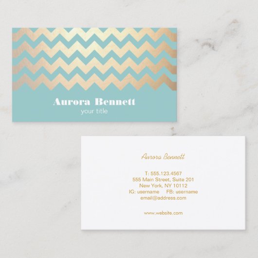 FAUX Gold Foil Chevron Pattern en Turquoise Blue Visitekaartje (Voorkant / Achterkant)