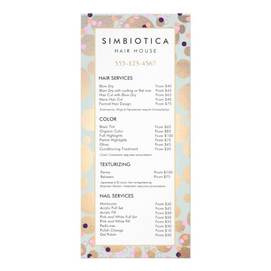 Faux Gold Foil Circles Confetti Salon Service Menu (Voorkant)