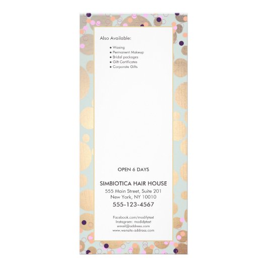 Faux Gold Foil Circles Confetti Salon Service Menu (Achterkant)