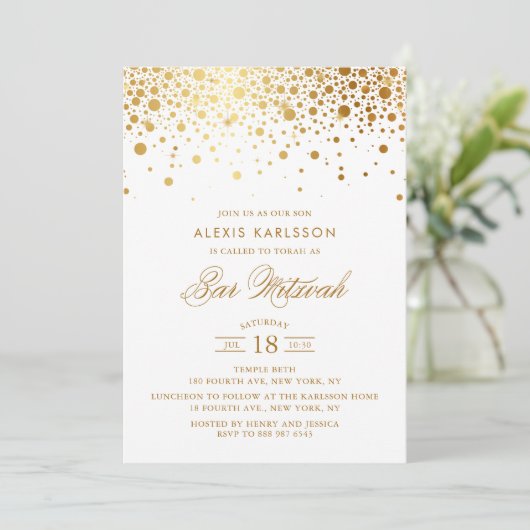 Faux Gold Foil Confetti Bar Mitswa Uitnodiging (Staand voorkant)