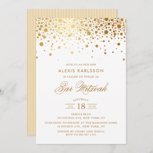 Faux Gold Foil Confetti Bar Mitswa Uitnodiging (Voorkant / Achterkant)