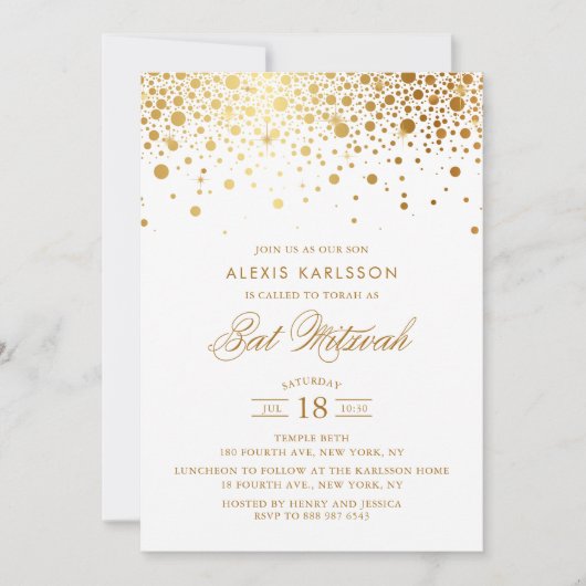 Faux Gold Foil Confetti Bat Mitzvah Uitnodiging (Voorkant)