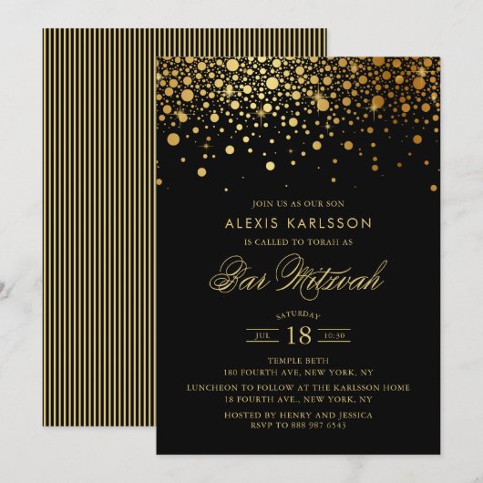 Faux Gold Foil Confetti Black Bar Mitzvah Kaart (Voorkant / Achterkant)