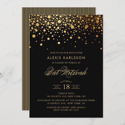 Faux Gold Foil Confetti Black Bat Mitzvah Kaart (Voorkant / Achterkant)