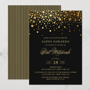 Faux Gold Foil Confetti Black Bat Mitzvah Kaart