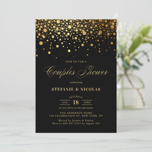 Faux Gold Foil Confetti Black Couples Shower Kaart (Staand voorkant)