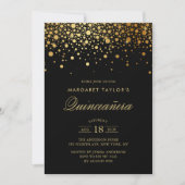 Faux Gold Foil Confetti Black Quinceañera Kaart (Voorkant)