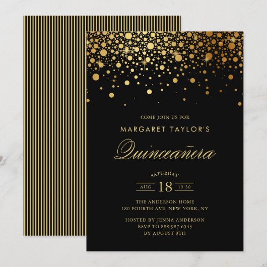 Faux Gold Foil Confetti Black Quinceañera Kaart (Voorkant / Achterkant)