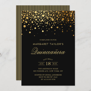 Faux Gold Foil Confetti Black Quinceañera Kaart