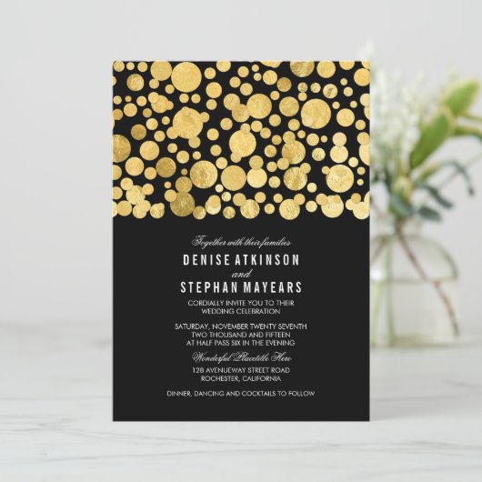 Faux Gold Foil Confetti Black Weddenschap Kaart (Staand voorkant)