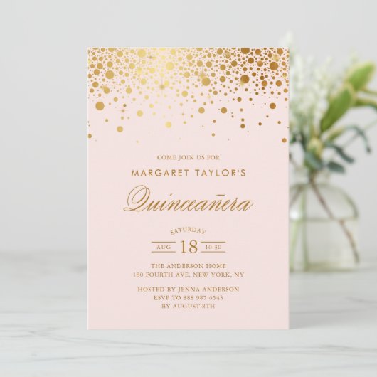 Faux Gold Foil Confetti Blush Pink Quinceañera Kaart (Staand voorkant)