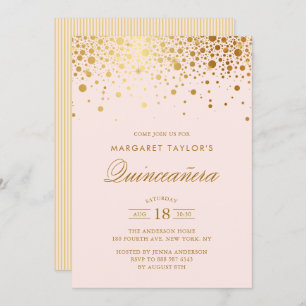 Faux Gold Foil Confetti Blush Pink Quinceañera Kaart