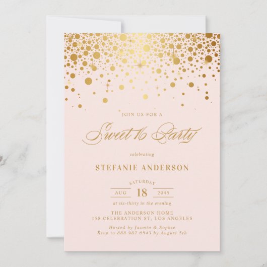 Faux Gold Foil Confetti Blush Sweet 16 Party Kaart (Voorkant)