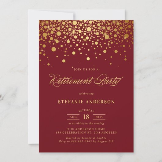Faux Gold Foil Confetti Bourgondië Pensioenfeest Kaart (Voorkant)