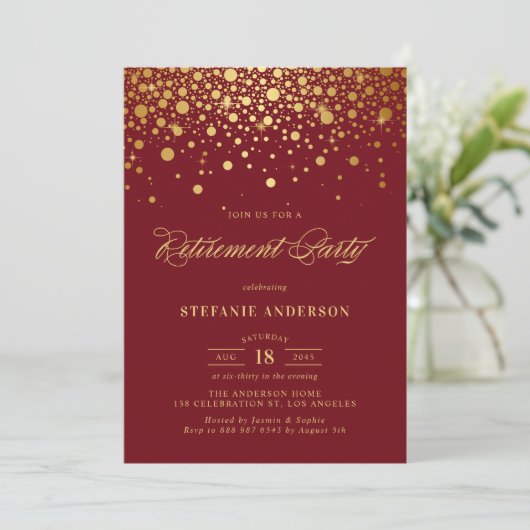 Faux Gold Foil Confetti Bourgondië Pensioenfeest Kaart (Staand voorkant)