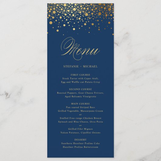 Faux Gold Foil Confetti Elegant Blue Menu Kaart (Voorkant)