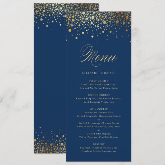 Faux Gold Foil Confetti Elegant Blue Menu Kaart (Voorkant / Achterkant)