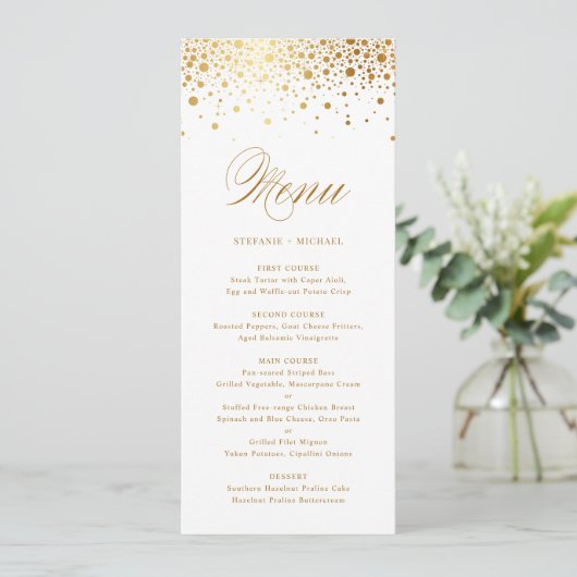 Faux Gold Foil Confetti Elegant Menu Kaart (Staand voorkant)