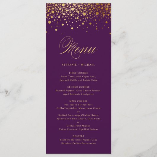 Faux Gold Foil Confetti Elegant Paars Menu Kaart (Voorkant)