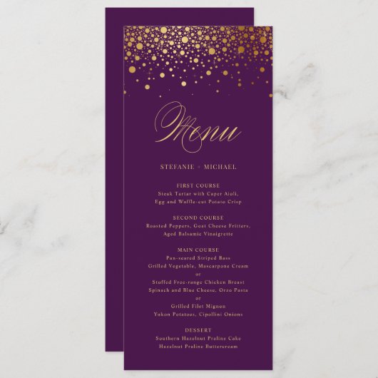 Faux Gold Foil Confetti Elegant Paars Menu Kaart (Voorkant / Achterkant)