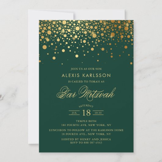 Faux Gold Foil Confetti Green Bar Mitzvah Kaart (Voorkant)