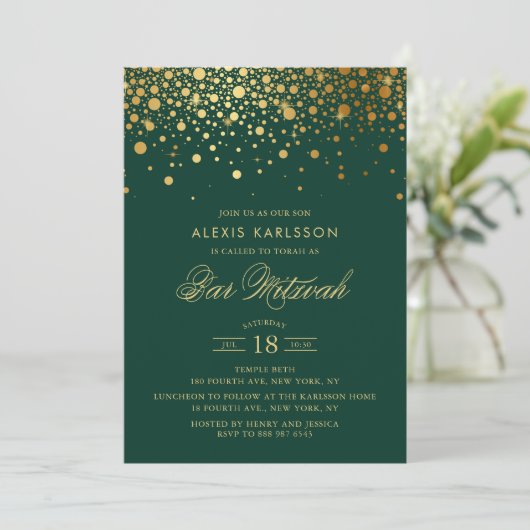 Faux Gold Foil Confetti Green Bar Mitzvah Kaart (Staand voorkant)