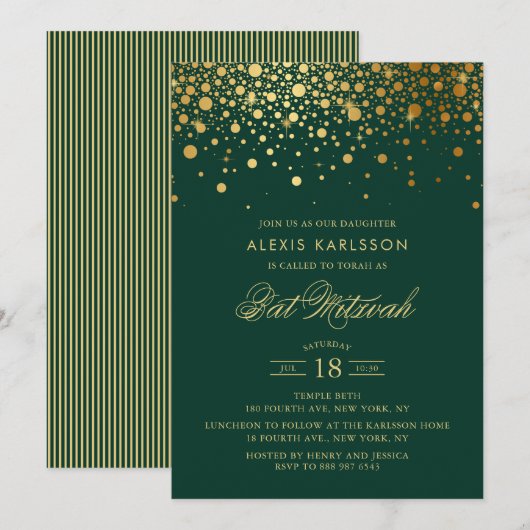 Faux Gold Foil Confetti Green Bat Mitzvah Kaart (Voorkant / Achterkant)